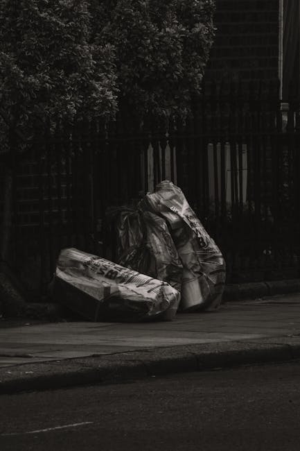 The image depicts the rear side of a white delivery van parked on a street next to a building. Adjacent to the van, three large blue rubbish bags made of plastic are positioned on the pavement, partia